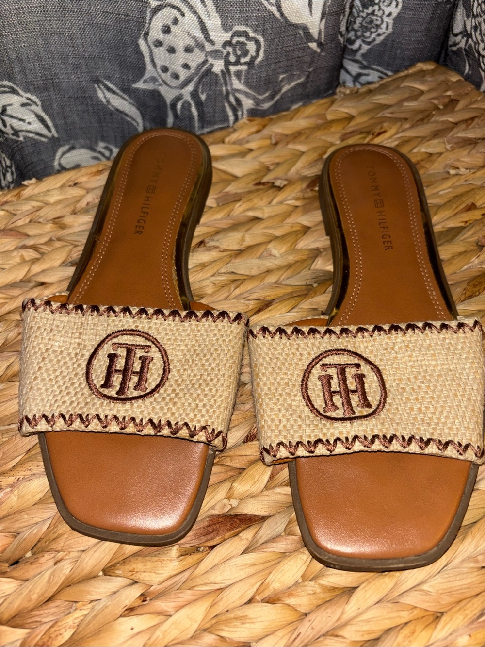 Tommy Hilfiger Tan and Natural Raffia Slide Sandals